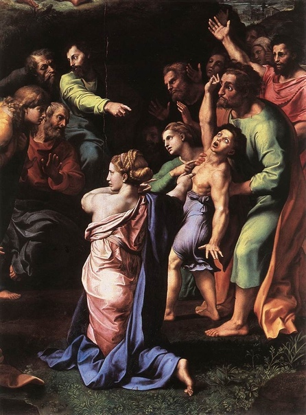 «Преображение», Рафаэль Санти 1518-1520гг. Дерево, масло. Размер: 405x278 см. Ватиканская пинакотека, Незаконченная алтарная картина великого мастера эпохи Ренессанса. Закончить работу Рафаэлю